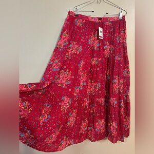 Krazy  Kat Womens 100% Cotton Tiered Floral Red Skirt Maxi Lined Festival L NWT